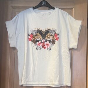 NWOT - Italian White T-Shirt with Leopard and Floral Design